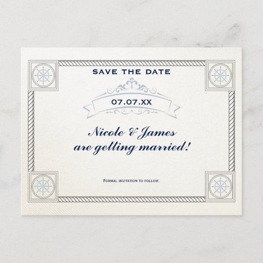 ヴィンテージ航海のビーチ結婚式日付カードの保存 案内ポストカード (正面)