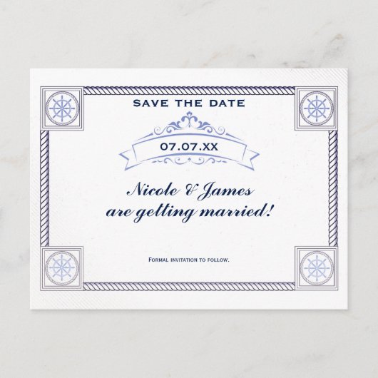 ヴィンテージ航海のビーチ結婚式日付カードの保存 案内ポストカード (正面)