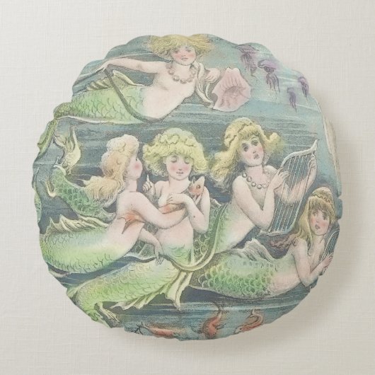 ヴィンテージ航海のファンタジー人魚、人魚になる ラウンドクッション (正面)