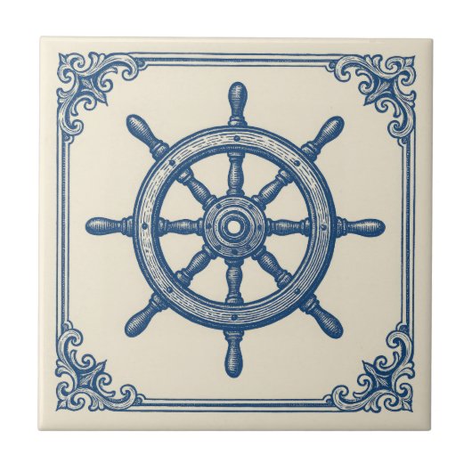 ヴィンテージ航海のブルーキャプテンホイール タイル (正面)