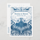 ヴィンテージ航海のブルーフォイル結婚式の日付を保存 案内ポストカード (正面/裏面)
