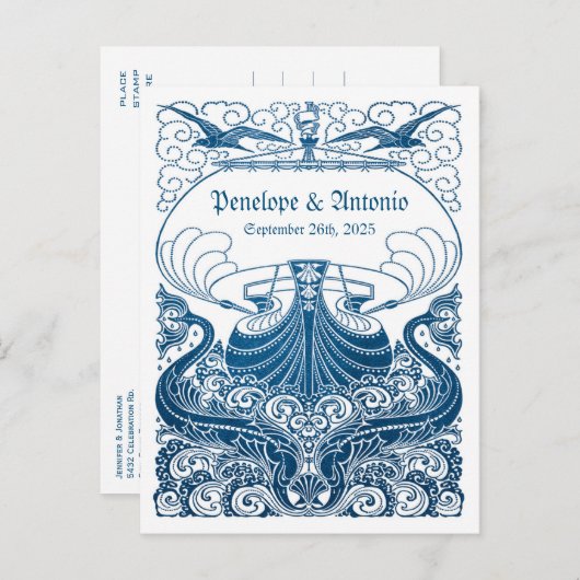 ヴィンテージ航海のブルーフォイル結婚式の日付を保存 案内ポストカード (正面/裏面)