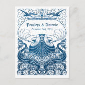 ヴィンテージ航海のブルーフォイル結婚式の日付を保存 案内ポストカード (正面)