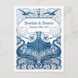 ヴィンテージ航海のブルーフォイル結婚式の日付を保存 案内ポストカード