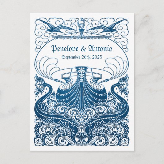 ヴィンテージ航海のブルーフォイル結婚式の日付を保存 案内ポストカード (正面)