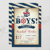 ヴィンテージ航海のベビーシャワーAhoyツイン少年 招待状 (正面/裏面)