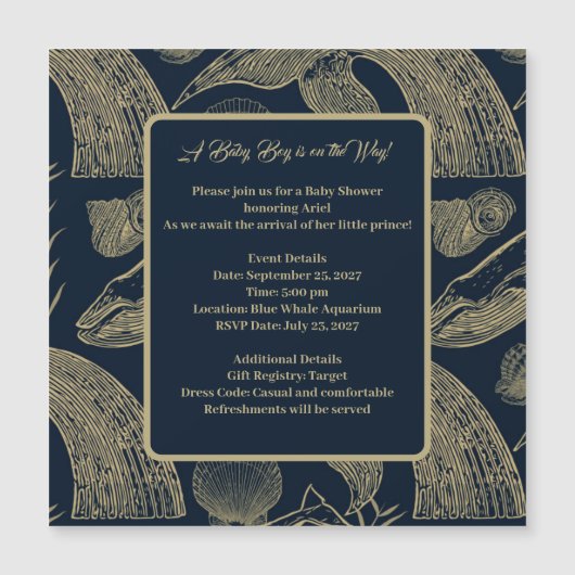 ヴィンテージ航海のホエールブルーベビーシャワー招待状 マグネット招待状 (正面)