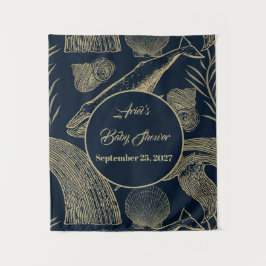 ヴィンテージ航海のホエールブルー赤ちゃんシャワー タペストリー