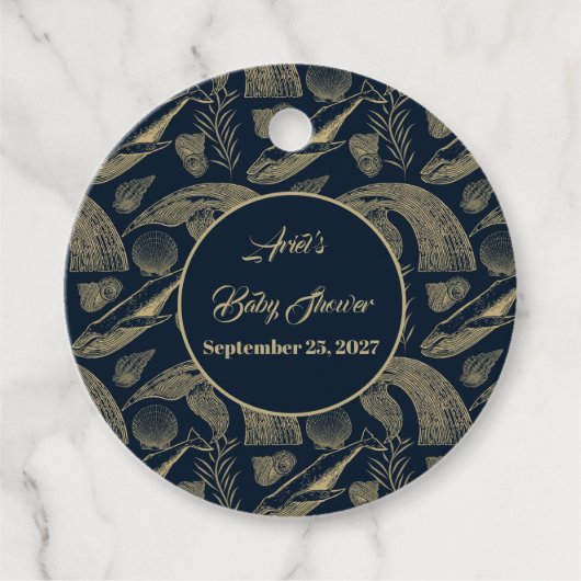 ヴィンテージ航海のホエールブルー赤ちゃんシャワー フェイバータグ (正面)