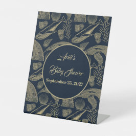 ヴィンテージ航海のホエールブルー赤ちゃんシャワー 台座サイン