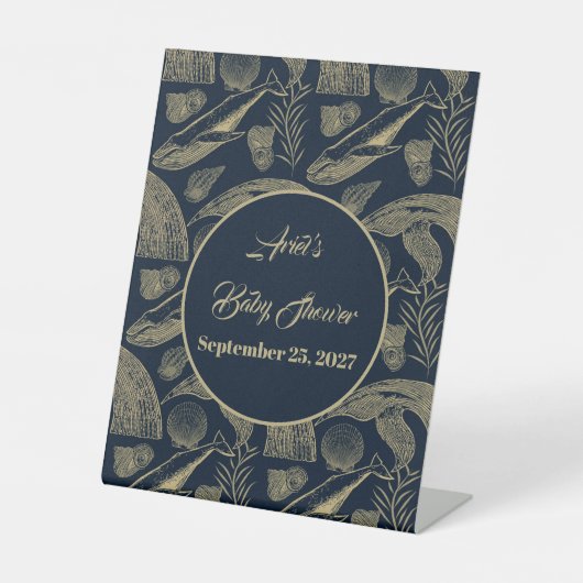 ヴィンテージ航海のホエールブルー赤ちゃんシャワー 台座サイン (正面)