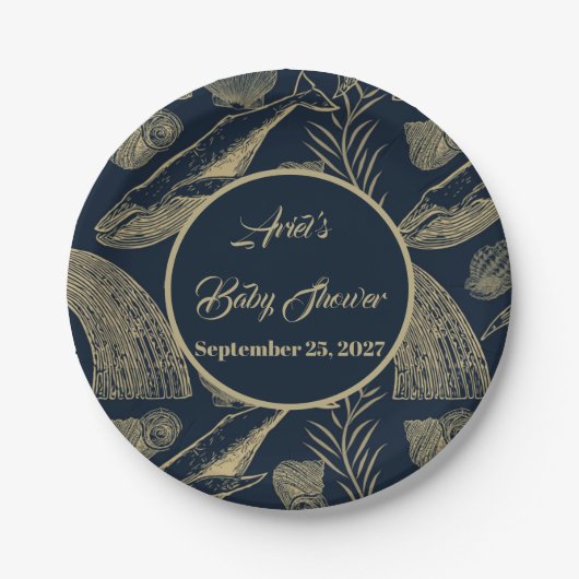 ヴィンテージ航海のホエールブルー ペーパープレート (正面)