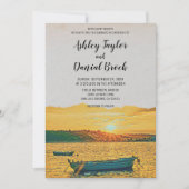 ヴィンテージ航海のボート夕日の行先結婚式 招待状 (正面)