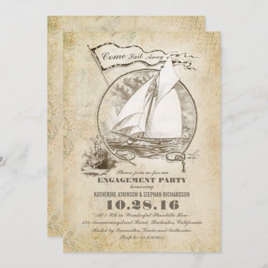 ヴィンテージ航海のボート婚約パーティ招待状 招待状 (正面/裏面)