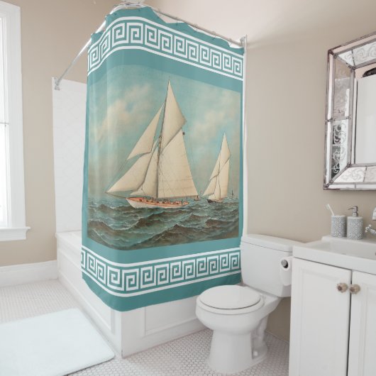 ヴィンテージ航海のヨットレーシングギリシャ鍵#1 シャワーカーテン (インサイチュ)