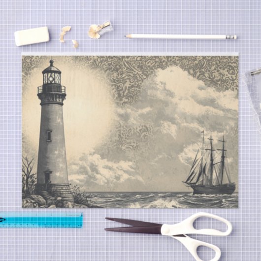 ヴィンテージ航海のライトハウスセーリング船デクページ 薄葉紙 (クラフト)