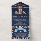 ヴィンテージ航海のランタンネイビーブルーベビーシャワー オールインワン招待状 (内側)