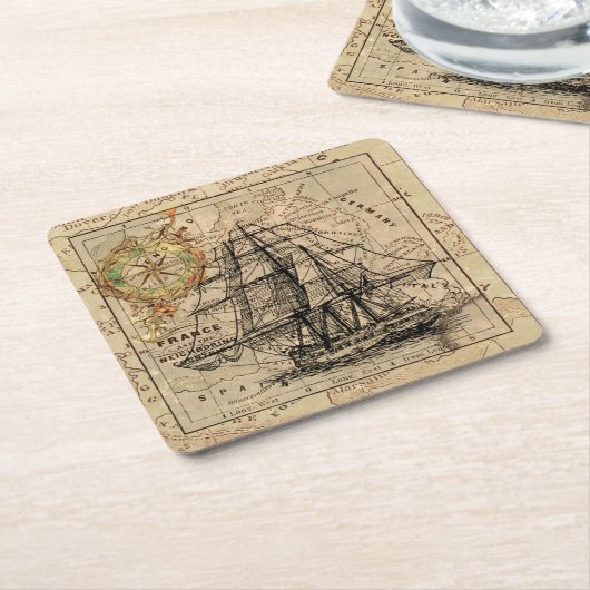 ヴィンテージ航海の帆船航法マップ スクエアペーパーコースター