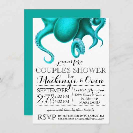 ヴィンテージ航海の海タコのカップルのシャワー 招待状 (正面/裏面)