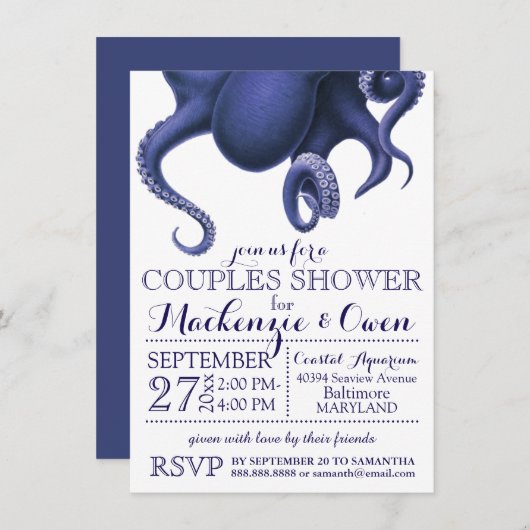 ヴィンテージ航海の海タコのカップルのシャワー 招待状 (正面/裏面)