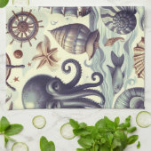 ヴィンテージ航海の海洋生物イラストレーション キッチンタオル (折り畳み)