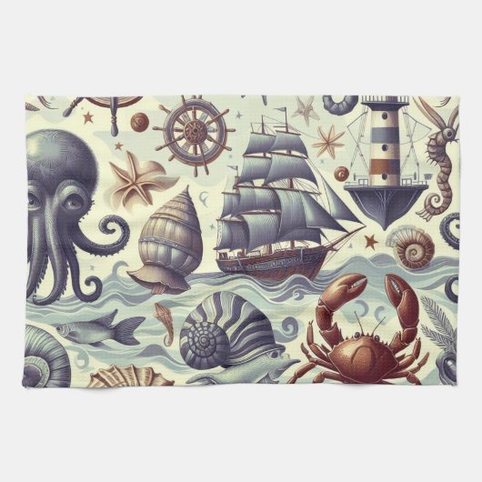 ヴィンテージ航海の海洋生物イラストレーション キッチンタオル (横)