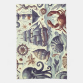 ヴィンテージ航海の海洋生物イラストレーション キッチンタオル (縦)