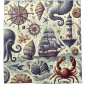 ヴィンテージ航海の海洋生物イラストレーション シャワーカーテン (正面)