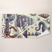 ヴィンテージ航海の海洋生物イラストレーション バスタオル (バスタオル)