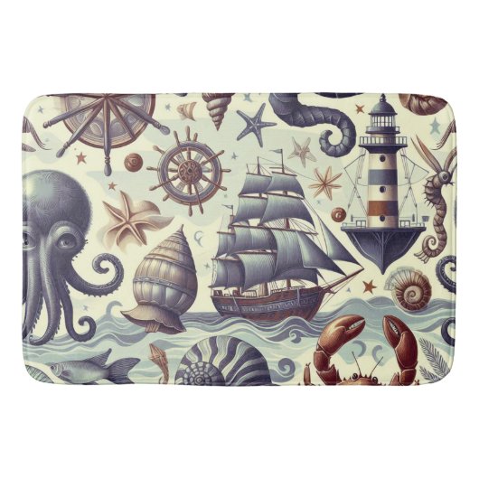 ヴィンテージ航海の海洋生物イラストレーション バスマット (正面)