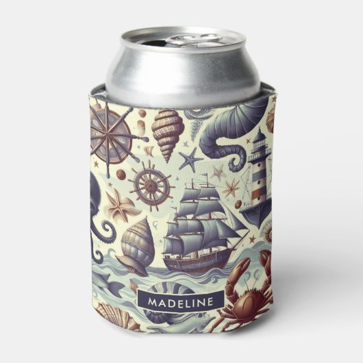 ヴィンテージ航海の海洋生物イラストレーション 缶クーラー (缶正面)