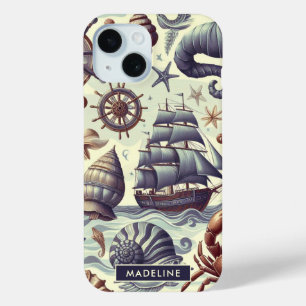 ヴィンテージ航海の海洋生物イラストレーション iPhone 15ケース