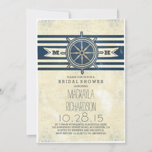 ヴィンテージ航海の海軍のブライダル・シャワー 招待状 (正面)
