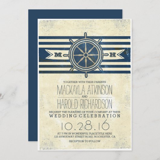 ヴィンテージ航海の海軍結婚式招待状 招待状 (正面/裏面)