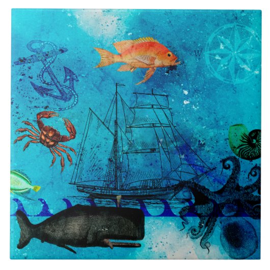 ヴィンテージ航海の深いブルーシー タイル (正面)