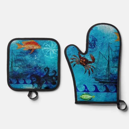 ヴィンテージ航海の深いブルーシー 鍋つかみ&鍋敷きセット (正面)