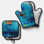 ヴィンテージ航海の深いブルーシー 鍋つかみ&鍋敷きセット (正面/裏面)