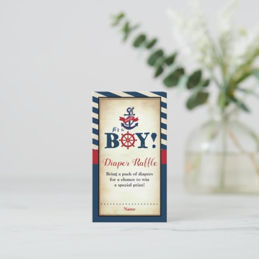 ヴィンテージ航海の男の子の赤ちゃんシャワーおむつラッフル エンクロージャーカード (スタンド正面)
