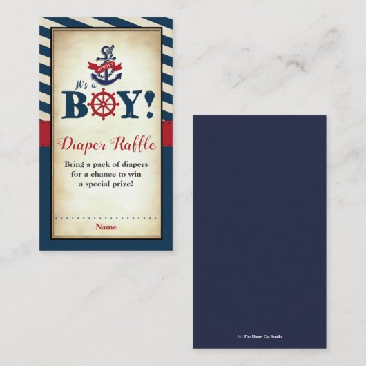 ヴィンテージ航海の男の子の赤ちゃんシャワーおむつラッフル エンクロージャーカード (正面/裏面)