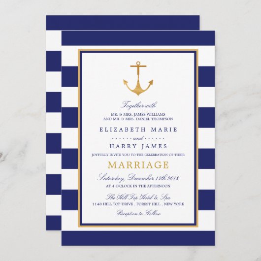 ヴィンテージ航海の金ゴールドいかり、海軍および金ゴールド結婚ズ 招待状 (正面/裏面)