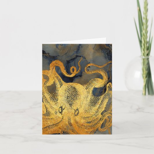 ヴィンテージ航海の金ゴールドタコ黒インク水色 ノートカード (正面)