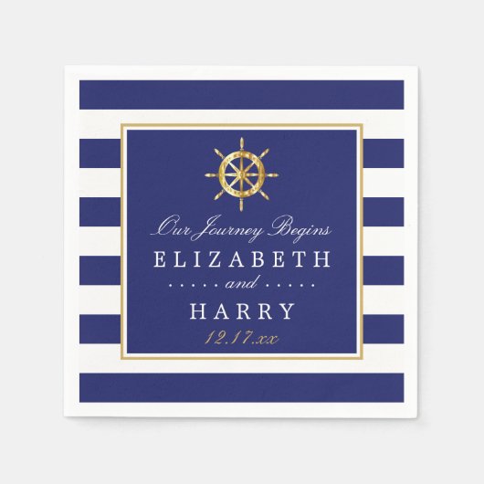 ヴィンテージ航海の金ゴールドホイール、海軍および金ゴールド結婚ズ スタンダードカクテルナプキン (正面)