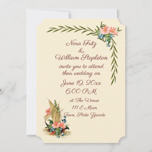 ヴィンテージ航海ロマンチックセーリングボートと花 招待状 (正面)