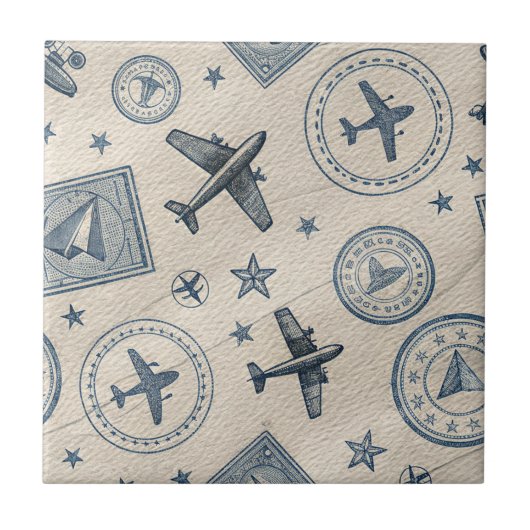 ヴィンテージ航空パスポートスタンプパターン (1) タイル (正面)