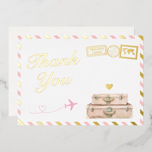 ヴィンテージ航空ベビーガールシャワーサンキューカード 箔招待状 (正面/裏面)