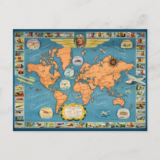ヴィンテージ航空世界地図 ポストカード (正面)
