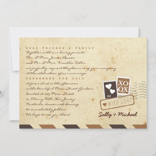 ヴィンテージ航空便ラブレターパーソナライズされたメモ 招待状 (正面)