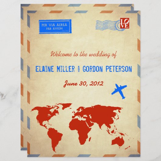 ヴィンテージ航空便結婚式 プログラムチラシ動揺して: (正面/裏面)