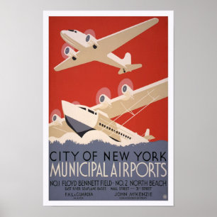 ヴィンテージ航空旅行 1936年 ニューヨーク市営空港 ポスター