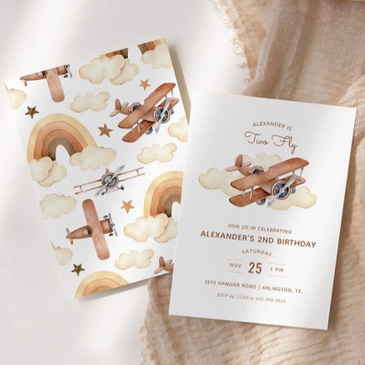 ヴィンテージ航空機バイプレーンツーフライ誕生日 招待状